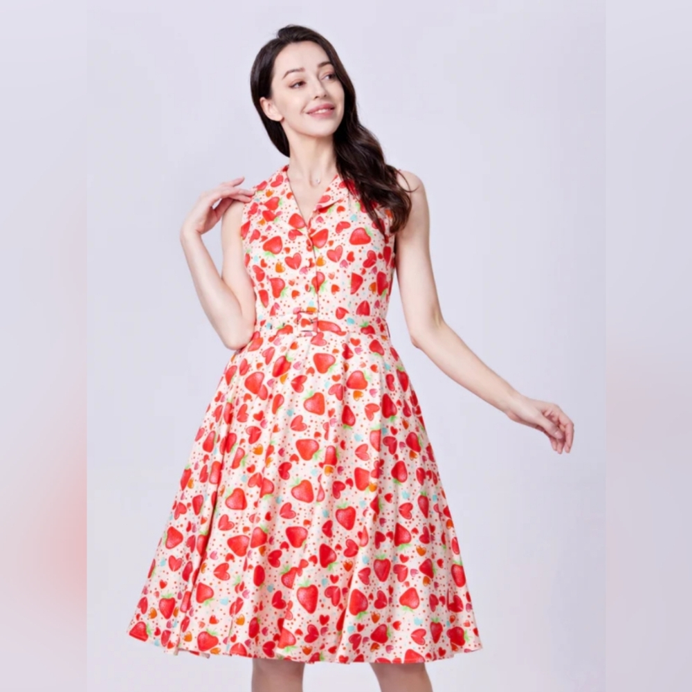 MISS LULO Jani Strawberry Hearts Fit And Flare Retro Belted Dress Soysilk EUC